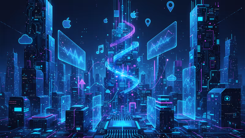 Infographic showing Apple Services revenue growth and app icons