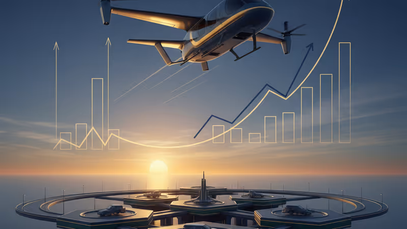 Archer air taxi ascending over a future Serbian transport hub