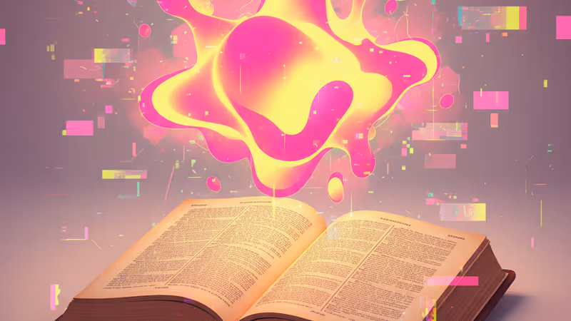 Graphics of advanced English words floating over a book