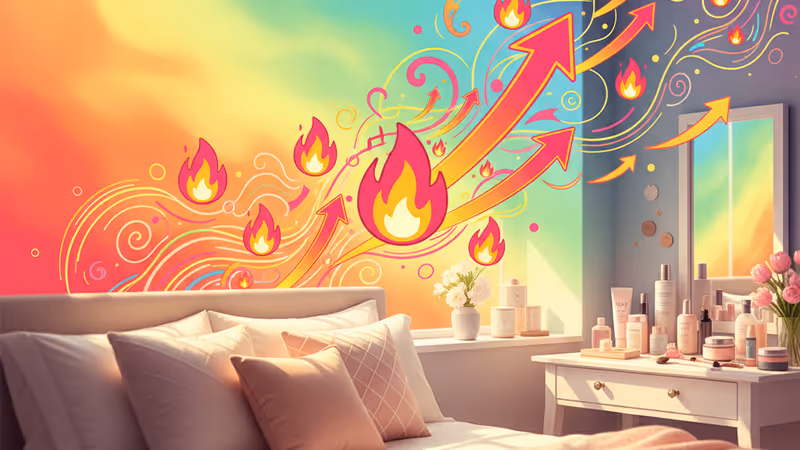 Cozy room with many beauty products and decorative pillows