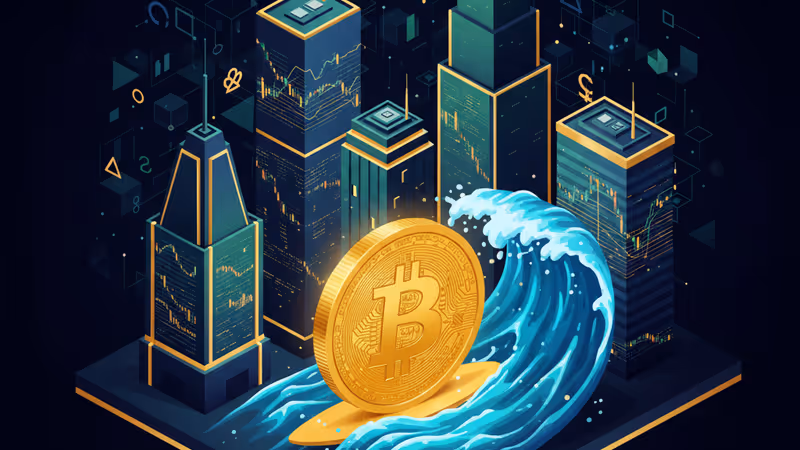 Golden Bitcoin surfing a massive blue digital wave