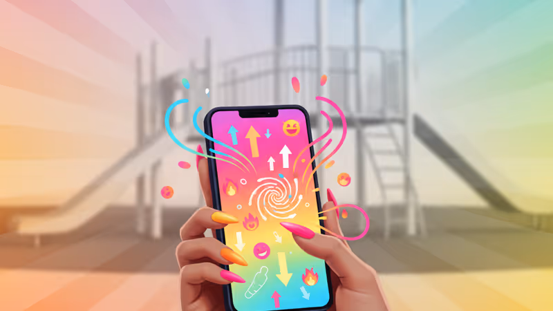 스마트폰을 보며 고민에 빠진 모습의 여성과 육아 공동체 배경