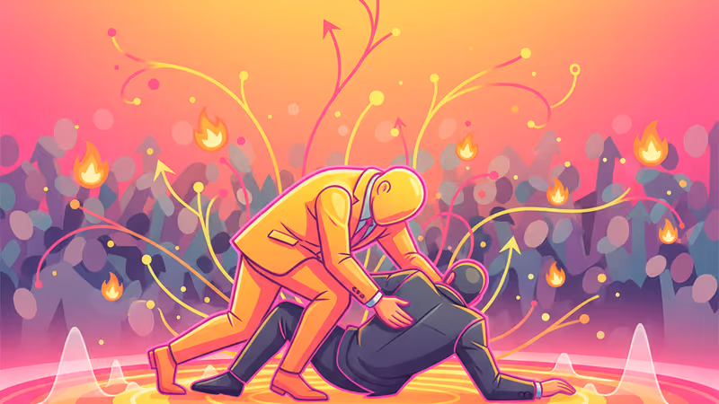 Ashton Kutcher performing a jiu-jitsu sweep on Jimmy Fallon