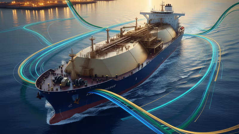 停泊在現代化工業港口的LNG運輸船與下跌趨勢圖