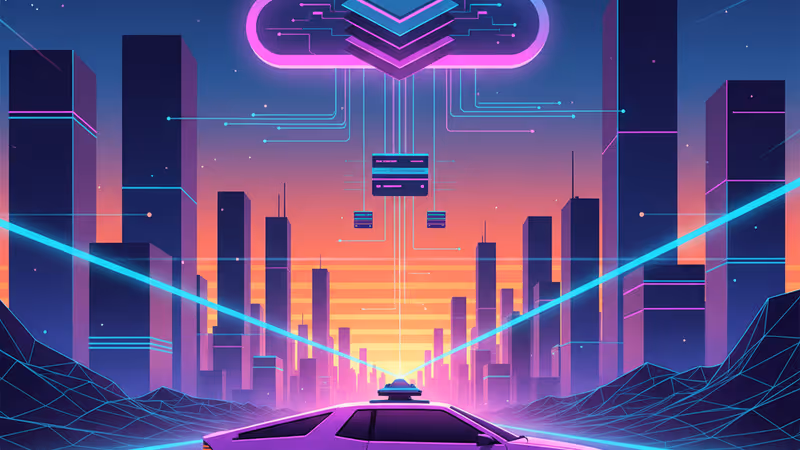 デジタルグリッドを走行する自律走行車とクラウド接続のイメージ