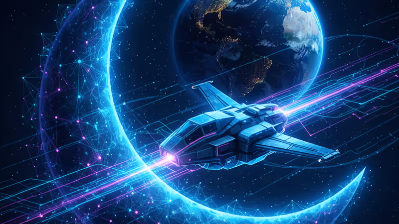 달 궤도를 선회하는 현대적인 우주선과 지구의 모습