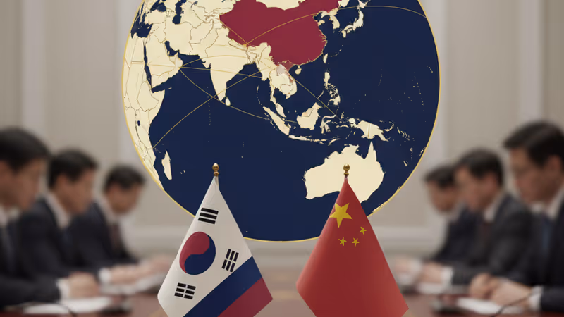 South Korean and Chinese flags side by side on a meeting table