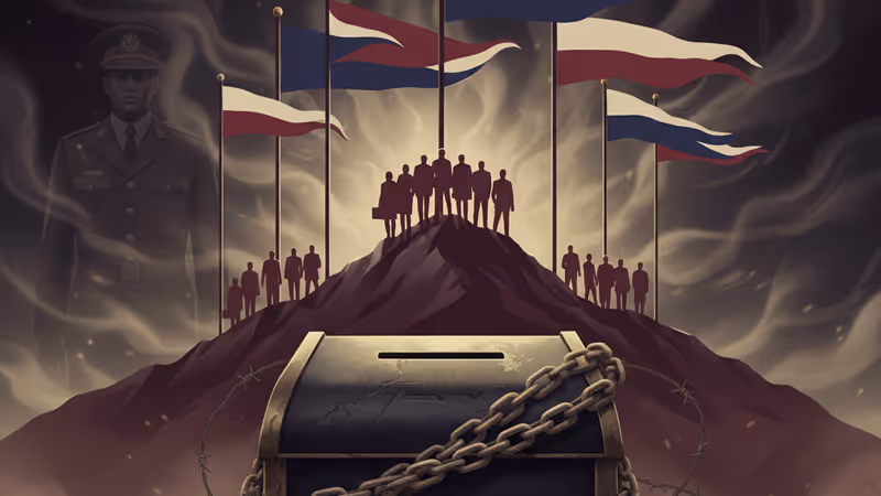 철쇄와 가시철조망에 묶인 투표함과 어두운 군복 실루엣