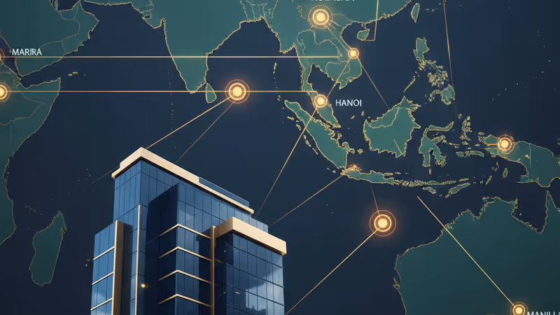 バンコクにあるクルンシィ銀行の本店ビルと、東南アジアのネットワークを示すデジタルマップのイメージ。