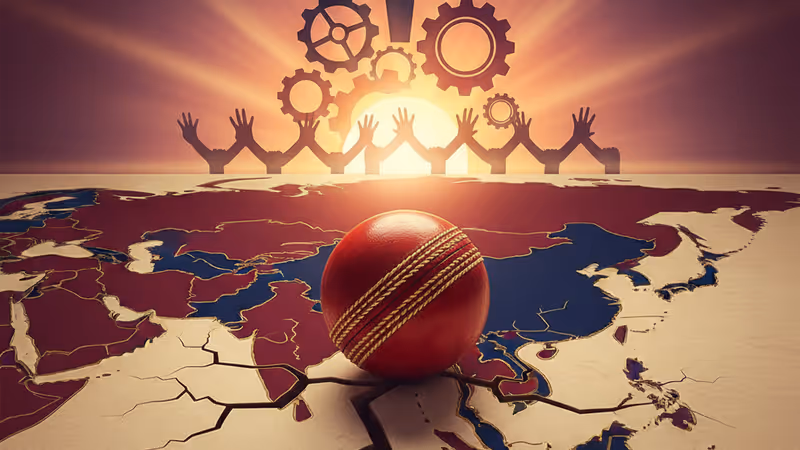 인도와 방글라데시 국기 배경 앞에 놓인 크리켓 공