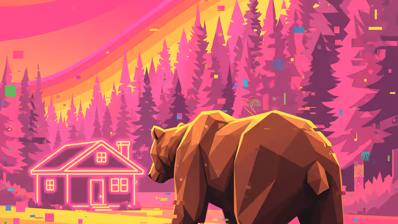 집 바닥 아래서 나와 숲으로 돌아가는 곰의 모습