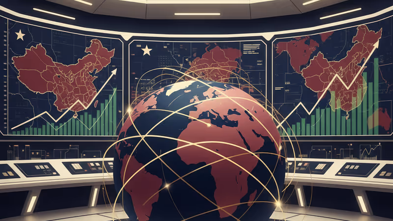Digital screens showing 5% GDP growth in a modern Chinese data center