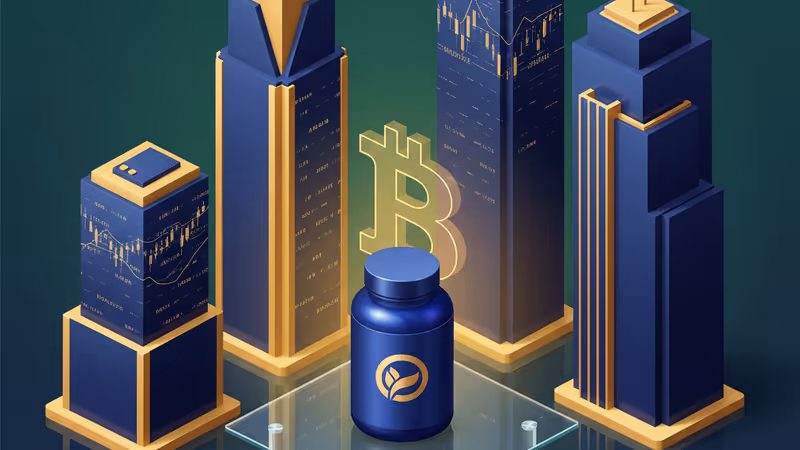 프레네틱스의 IM8 제품과 비트코인 심볼이 대비되는 이미지