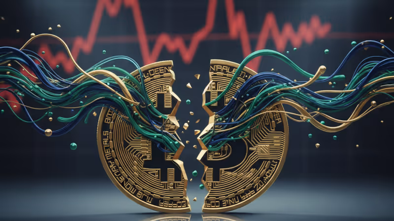 下落傾向を示すビットコインの価格チャートとロゴ