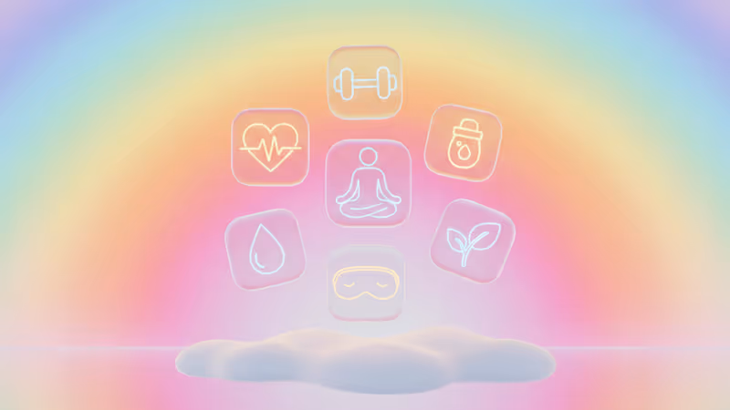 Smartphone displaying wellness apps against a peaceful sunrise background