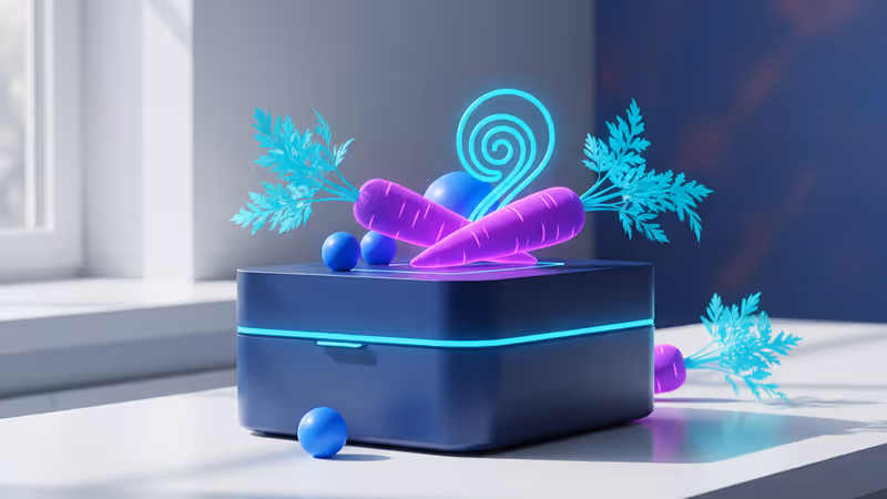 다양한 채소와 밀키트 박스가 놓인 현대적인 주방 풍경