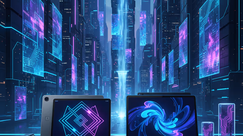 최신 아이패드와 안드로이드 태블릿이 책상 위에 놓여 있는 모습