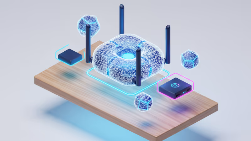現代的なリビングに設置された最新のメッシュWi-Fiルーター