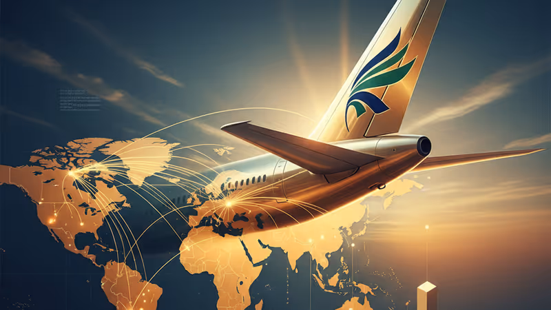 석양을 배경으로 비행하는 대형 항공기의 뒷모습