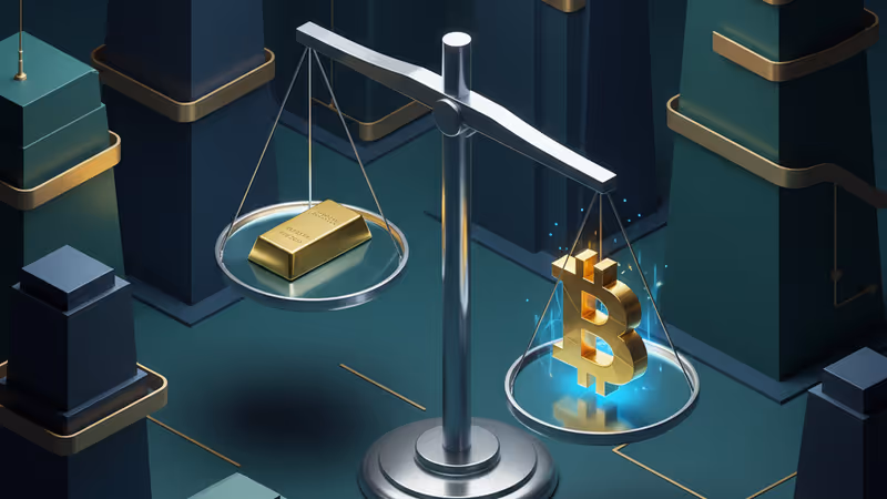 Digital scale balancing a gold bar and a Bitcoin symbol