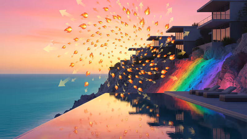 傍晚時分，從極簡奢華飯店露台望向平靜的大海。