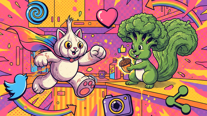Illustration of a cute Garlic Cat and Broccoli Squirrel character