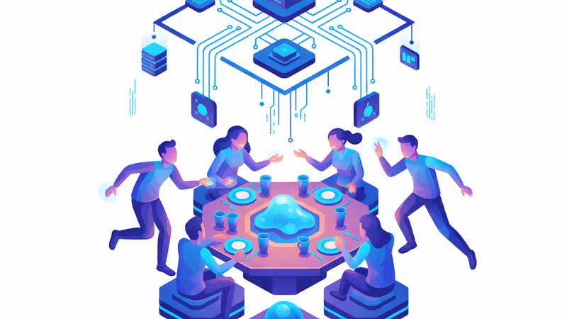 레스토랑에서 앱을 통해 만난 사람들이 즐겁게 식사하며 대화하는 모습