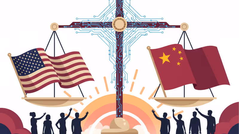 象徵全球AI監管對峙與勢力均衡的數位天秤圖像