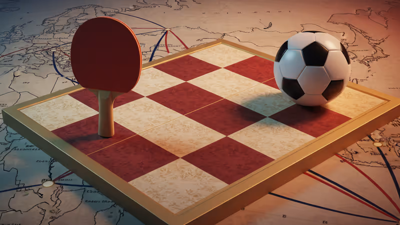 동아시아 지도 위 탁구채와 축구공이 놓인 정치적 대립의 개념도
