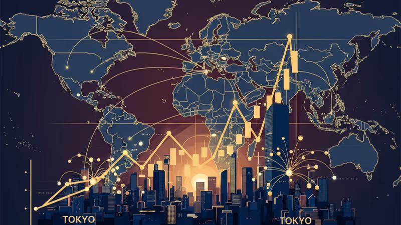일본 증시 상승과 데이터 시각화를 보여주는 도쿄 도심 전경