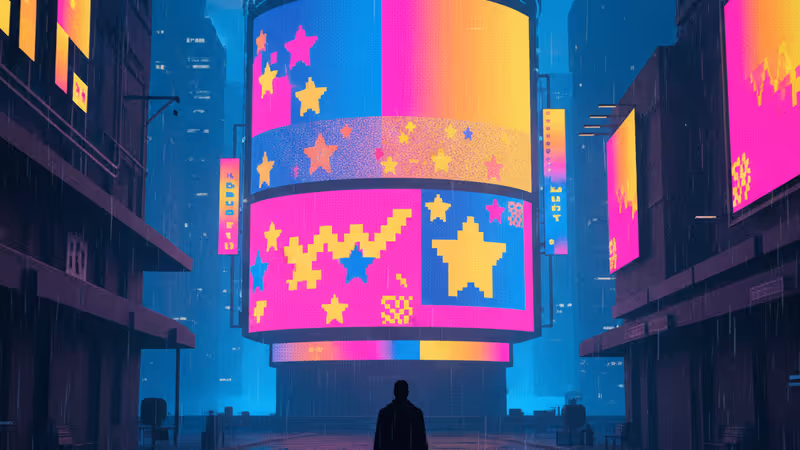 在黃昏海面上漂浮的巨大數位廣告看板與注視著它的人