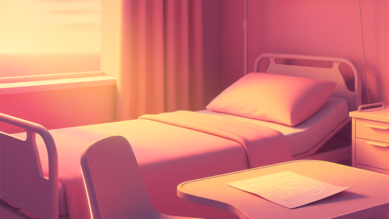 Empty hospital room with golden light on a note