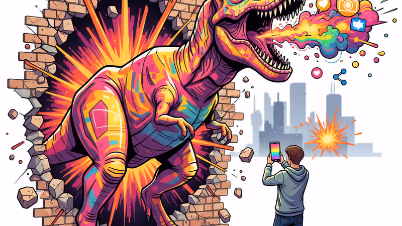 Intricate 3D dinosaur graffiti appearing to jump out of an old wall