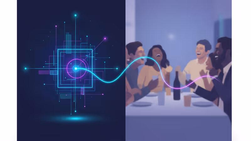 A split visual of digital AI interface and a real-life social gathering