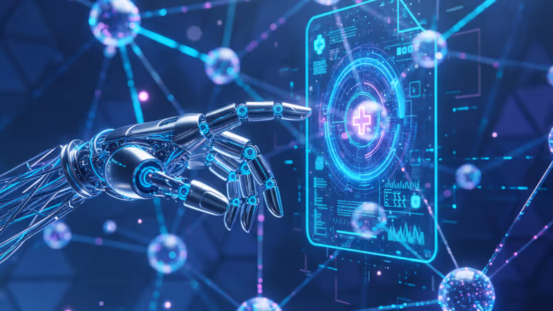 展示AI數據分析與全像解剖視覺效果的未來派醫療控制面板