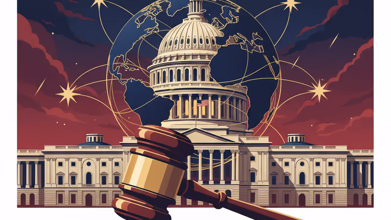 미 의사당 건물과 법망을 상징하는 의사봉 배경