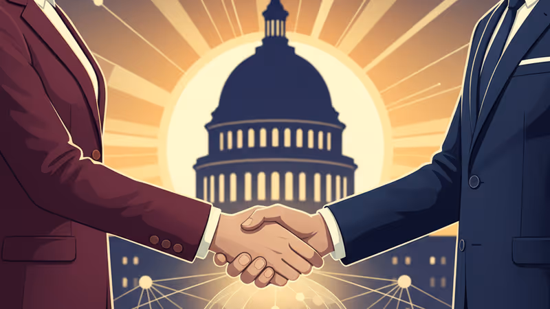 미국 의사당을 배경으로 악수하는 모습