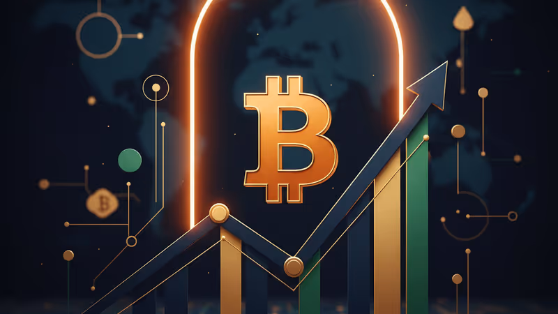 Bitcoin logo rising towards 100,000 on a digital chart