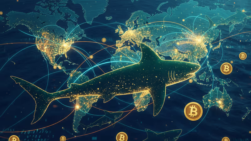 디지털 바다에서 비트코인 기호를 향해 헤엄치는 상어 떼와 데이터 노드