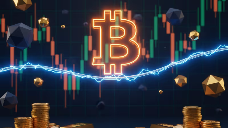 얇은 네온 선 위에서 아슬아슬하게 균형을 잡는 비트코인 로고