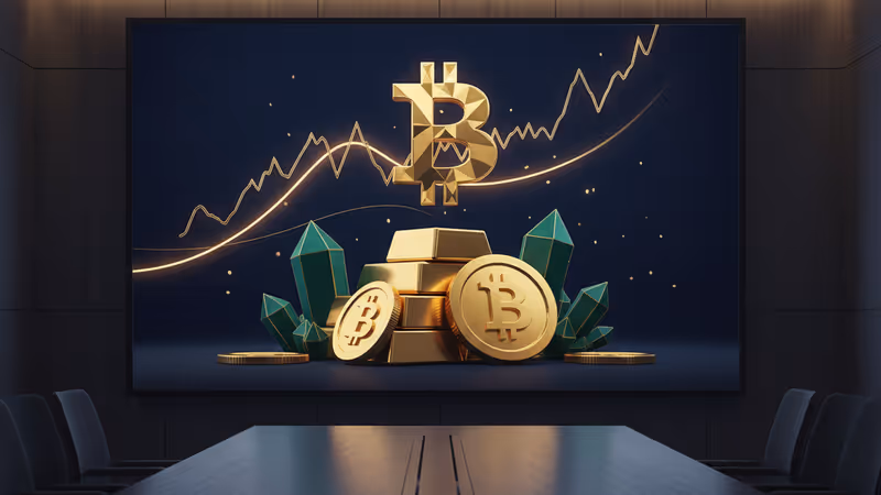 현대적인 기업 회의실 화면에 표시된 비트코인 기호와 주가 그래프