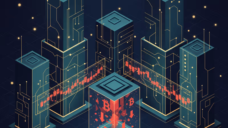 Bitcoin symbols on a financial chart with red falling numbers