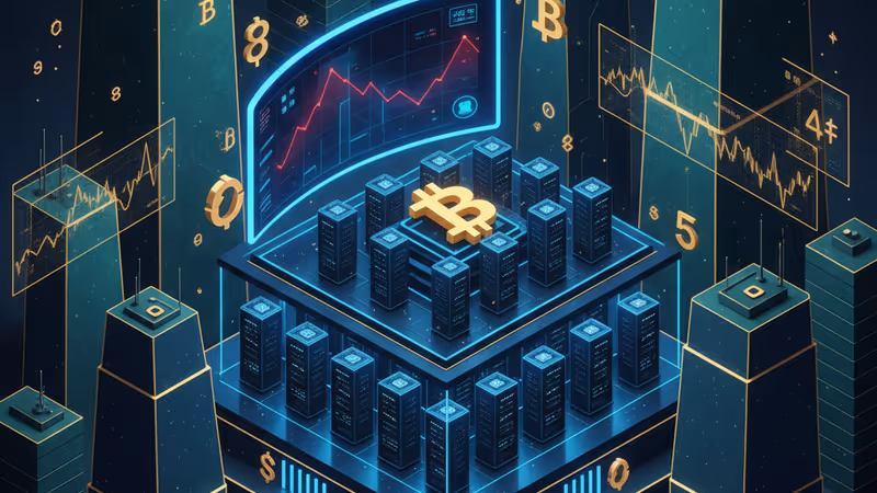 비트코인 로고와 하락하는 수익 그래프가 표시된 데이터 센터 전경