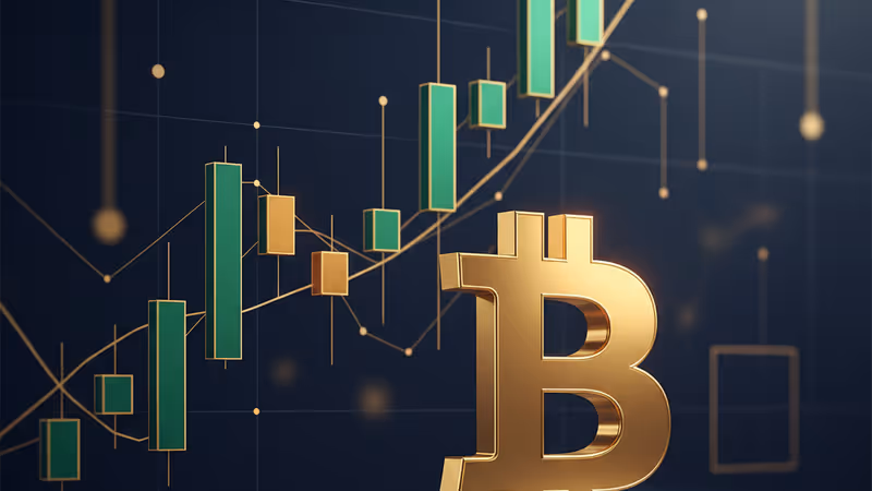 상승하는 데이터 막대 그래프 위에 놓인 비트코인 로고
