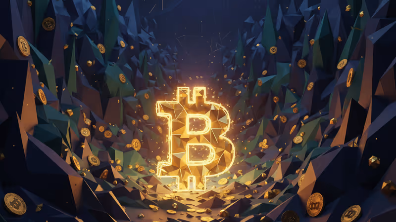 暗闇の谷底で淡く光るビットコインのシンボル