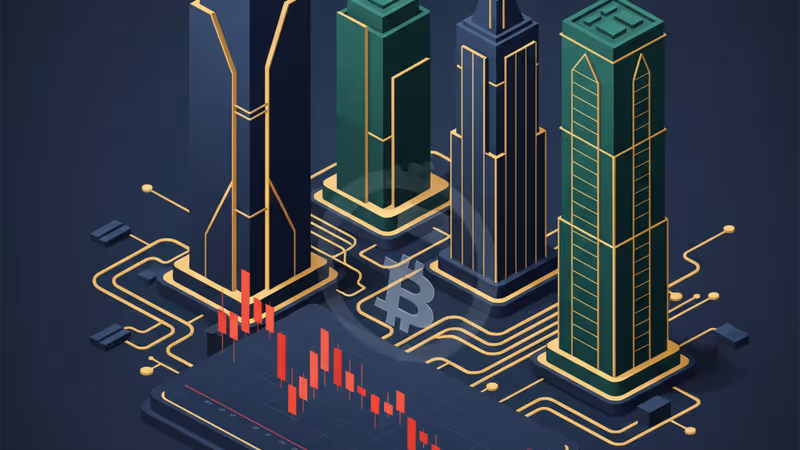 급락하는 비트코인 가격 차트와 암호화폐 로고 전경