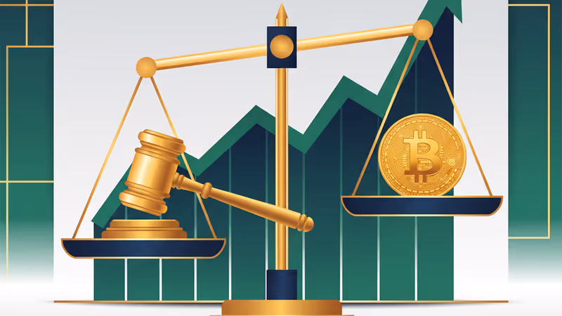 법원 망치와 비트코인이 저울 위에 놓인 모습