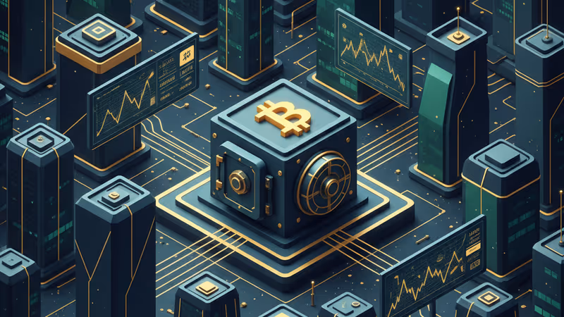 Futuristic vault with a glowing Bitcoin symbol and global trade network lines
