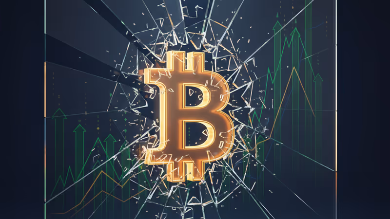 Bitcoin logo breaking through a glass barrier to go upward