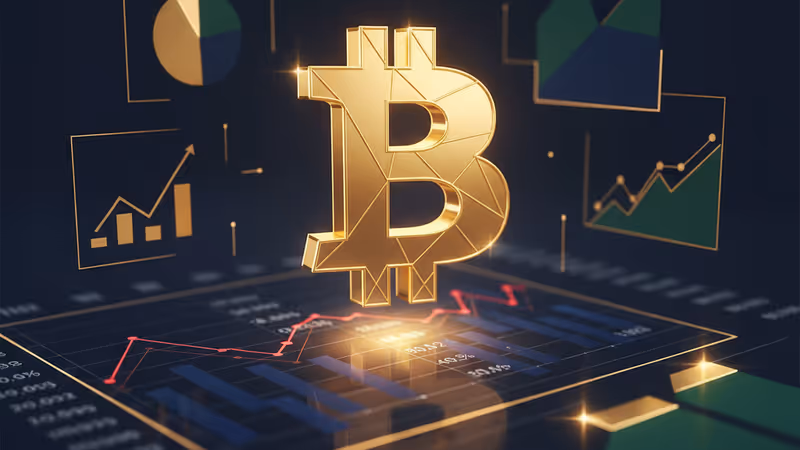 Bitcoin logo over a dark financial chart background